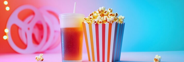 Poster - Enjoying movie snacks with soda and popcorn in vibrant colors and creative lighting in a cozy atmosphere. Generative AI