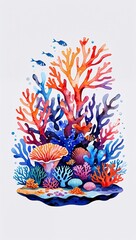 Sticker - A Colorful Coral Reef Alive with Marine Life watercolor in Marine & Seascapes on plain white background