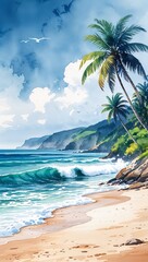 Wall Mural - A Peaceful Beach Scene with Gentle Surf watercolor in Marine & Seascapes on plain white background