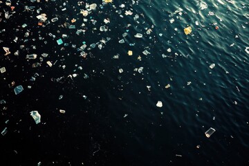 Poster - Floating plastic waste accumulates on ocean surface highlighting environmental crisis and pollution problem. Generative AI