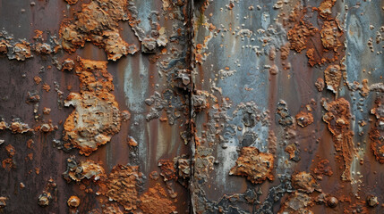 Poster - Rusty metal surface with peeling paint and corrosion, showcasing textures and colors of decay. image evokes sense of age and neglect