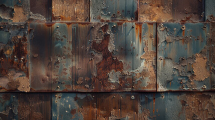 Poster - Rusty metal surface with peeling paint and textured patterns, showcasing blend of blue and brown hues. weathered appearance adds character and depth to industrial aesthetic