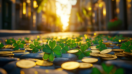 Wall Mural - festive st patrick’s day parade featuring shamrocks, gold coins, and irish culture in lively streets