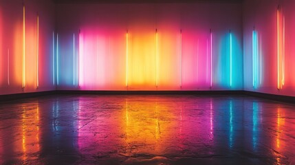 Wall Mural - Neon lights illuminate empty studio, vibrant reflections