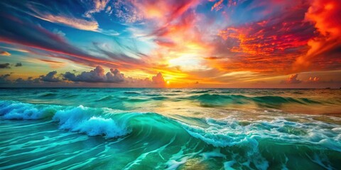 Wall Mural - Ocean waves crash on the shore during a vibrant sunset, fiery clouds paint the sky with breathtaking colors, a mesmerizing spectacle of nature's beauty