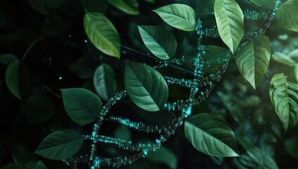 Poster - DNA helix entwined with lush green leaves. Botanical science concept image