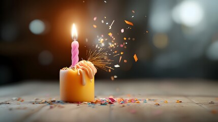 Poster - A 3D rendered image of a birthday candle that transforms into a vibrant colorful firework explosion with sparks light and a dynamic luminous display of celebratory energy and festivity