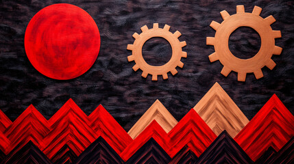 Wall Mural - Dynamic abstract art featuring red circular shapes and gear motifs against textured black background. composition evokes sense of movement and industrial design