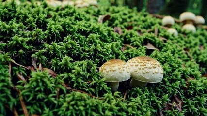 Poster - Mushrooms on mossy forest floor, nature detail. Woodland habitat and natural diversity concept