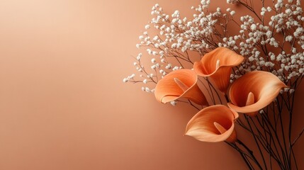 Wall Mural - Orange Calla Lilies & Baby's Breath on Peach Background