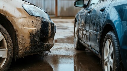 Poster - Comparison of a scratched dirty car and a shiny polished car showcasing vehicle care differences. Generative AI