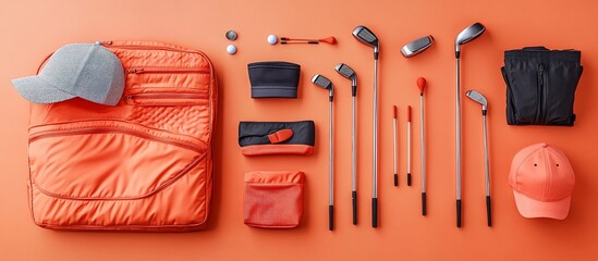 Wall Mural - Vibrant orange golf gear arrangement featuring clubs, balls, and accessories on a flat surface