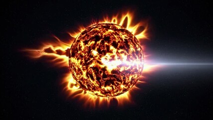 Poster - Fiery sun in space with solar flares and stars. Cosmic phenomena and astronomy concept