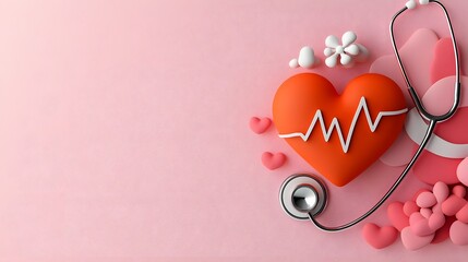 Poster - A minimalist and visually appealing medical themed featuring a vibrant red orange stethoscope shaped into a heart on a soft pink background