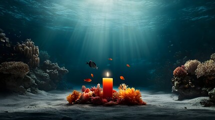 Poster - Enchanting bioluminescent underwater grotto scene with playful marine life such as schools of fish and coral formations extinguishing a rainbow of decorative candles in a tranquil