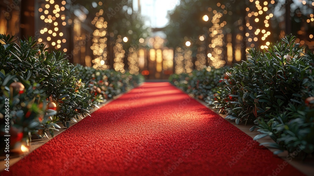 A beautifully lit red carpet pathway surrounded by lush greenery and festive lights at an event