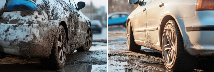 Poster - Comparison of a dirty scratched car and a shiny polished vehicle on a city street during daylight. Generative AI
