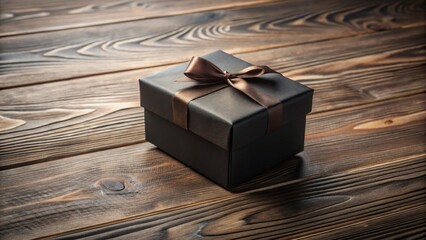 Wall Mural - A Dark Gift Box with a Brown Ribbon Rests on a Rustic Wooden Surface