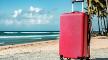 Poster - Vibrant red suitcase on sandy beach with ocean waves and clear sky background : Generative AI