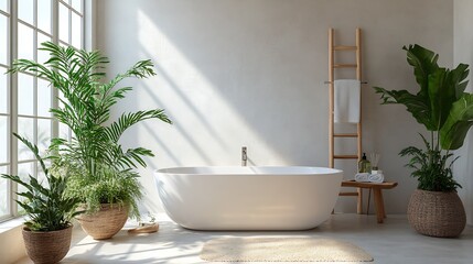 Aufkleber - Bright and Airy Bathroom with Bathtub Surrounded by Lush Greenery and Natural Light : Generative AI