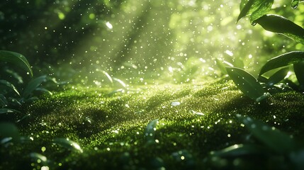 Poster - Dreamy Landscape Filled with Sun-Kissed Greenery and Refreshing Rain in a Fertile Natural Environment : Generative AI