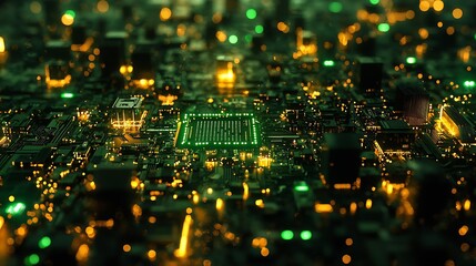 Aufkleber - Panoramic view of a vibrant electronic circuit board illuminated with golden lights and green chips : Generative AI