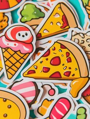 Poster - Bright and colorful playful food stickers featuring fun pizza slices and ice cream on vibrant background. Generative AI