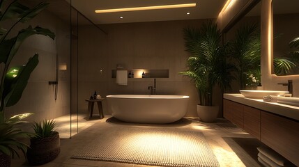 Wall Mural - Luxurious bathroom featuring a stylish tub, ambient lighting, and rich greenery for a calming effect : Generative AI