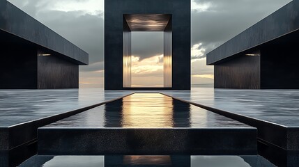 Poster - Modern Architectural Structure Surrounded by Reflective Water Under Dramatic Sunset Sky : Generative AI