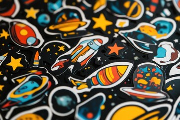 Poster - Colorful space themed stickers featuring rockets, planets, and stars laid out on a black background. Generative AI