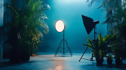 Aufkleber - Modern photo studio setup with bright lighting and tropical plants for creative projects : Generative AI