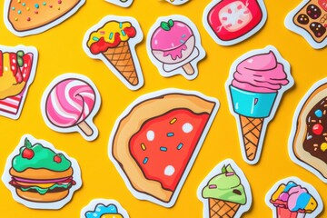 Poster - Playful food stickers featuring colorful pizza slices and other sweet treats arranged on a bright yellow background. Generative AI