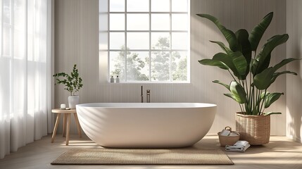 Leinwandbilder - Tranquil modern bathroom featuring a freestanding tub and lush greenery in natural light : Generative AI