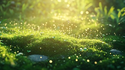 Poster - Dewy mossy ground illuminated by soft golden sunlight in a vibrant forest : Generative AI