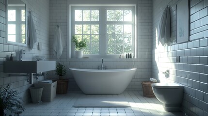Poster - Charming bathroom featuring a freestanding bathtub with large windows and greenery for a fresh atmosphere : Generative AI