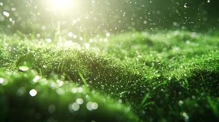 Poster - Vibrant green moss covered in glistening droplets in a serene forest illuminated by sunlight : Generative AI