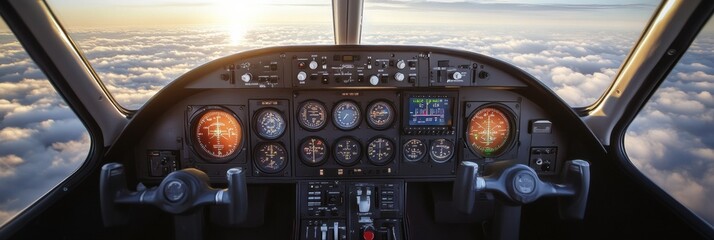Aufkleber - Pilots view from the cockpit with instruments and clouds during a sunset flight high above the horizon. Generative AI