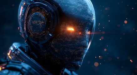 Leinwandbilder - Close-Up of a Futuristic Robot Face with High-Tech Features and Ambient Lighting Effects : Generative AI