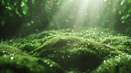 Poster - Moody forest landscape showcasing rich green moss with raindrops glistening in soft light : Generative AI