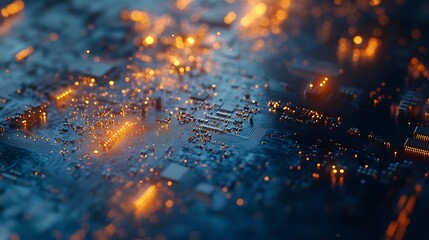 Poster - Close-up view of a glowing modern circuit board showcasing intricate details and vibrant lighting effects : Generative AI