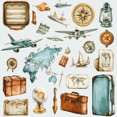 Poster - Travel themed stickers featuring airplanes, globes, compasses, and luggage for creative projects. Generative AI
