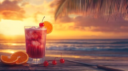 Poster - Refreshing cocktail served in a tall glass with cherry and orange slice on a tropical beach at sunset : Generative AI