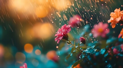 Fototapete - Vibrant pink roses adorned with glistening raindrops capturing the essence of a rainy day in a garden : Generative AI