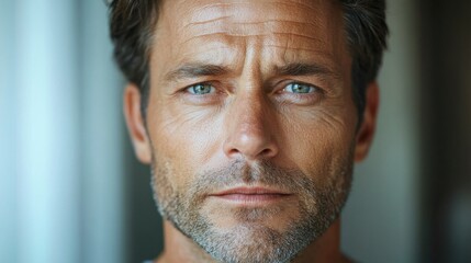 Wall Mural - Closeup Portrait of a Serious Middle Aged Man with Blue Eyes