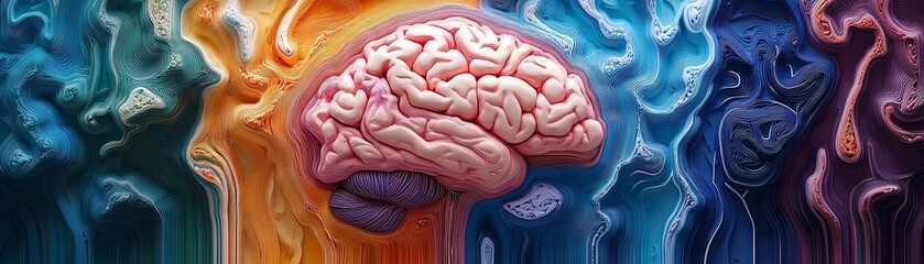 Poster - 3D illustration of a human brain in vibrant colors, different regions highlighted for brain functions, neural activity, detailed anatomy view, neuroscience education concept