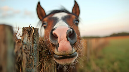 Wall Mural - Curious horse eating hay, fence, field, sunset