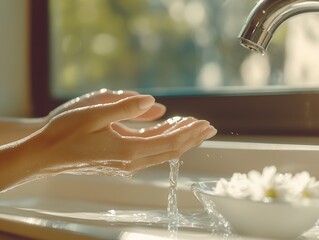 Poster - Gentle water flows over hands in a bright kitchen with natural light creating a serene atmosphere : Generative AI