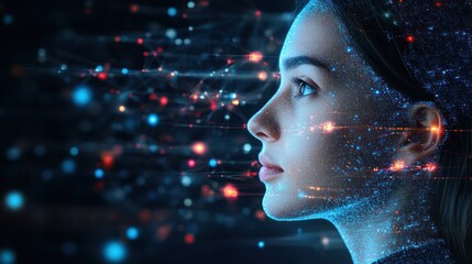 Poster - Woman, digital, network, future, technology, profile, face, data, connection, background, AI