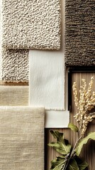 Poster - Artfully arranged fabric samples in soft neutrals and textures complemented by greenery for design inspiration : Generative AI