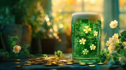 Wall Mural - St Patrick’s Day celebration with a festive arrangement of green beer, shamrocks, and gold coins